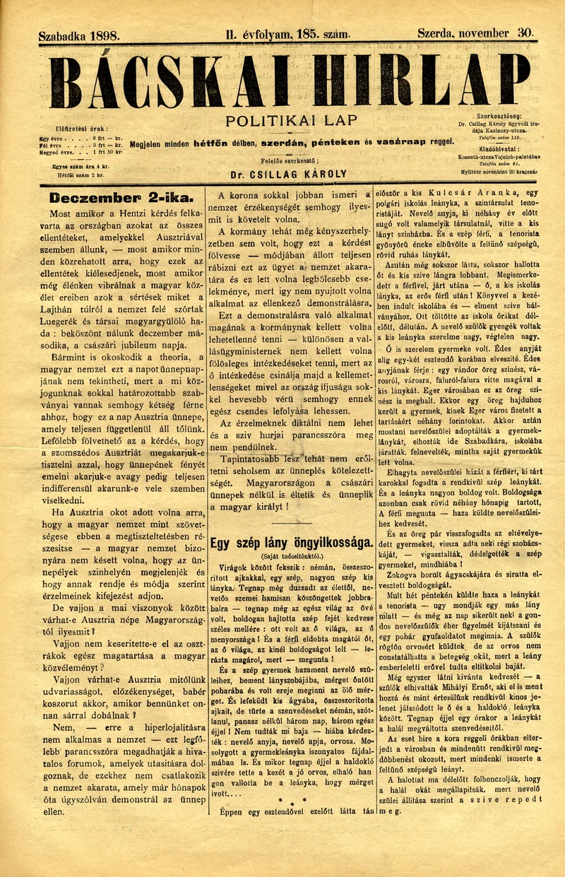 Bácskai Hirlap, 2. évf. 1898. november 30. 185. sz. 1–4. oldal