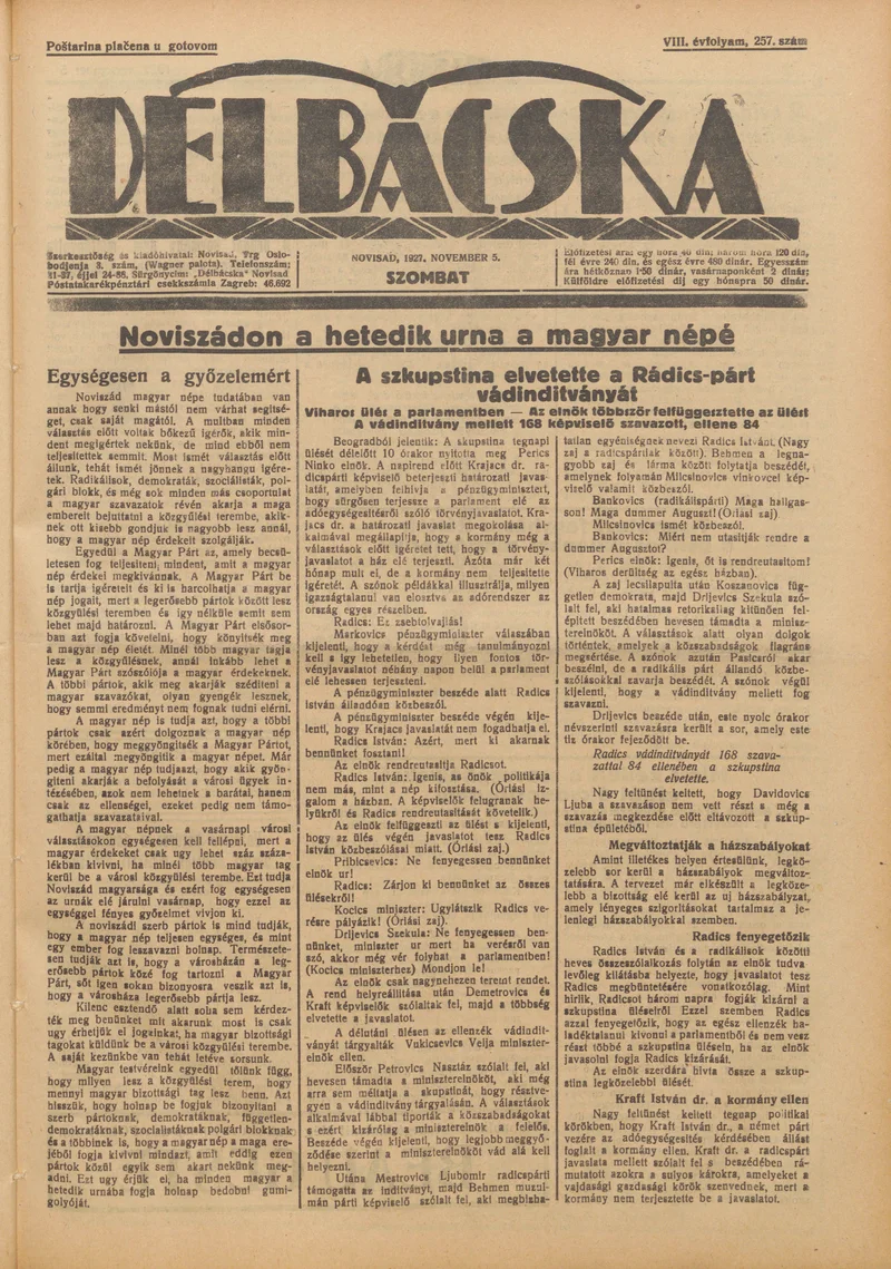 Délbácska, 8. évf. 1927. november 5. 257. sz.
