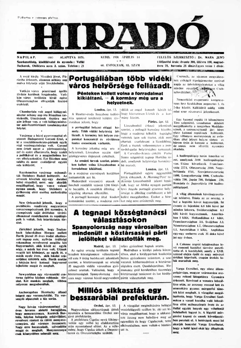 Híradó, 60. évf. 1931. április 14. 85. sz.