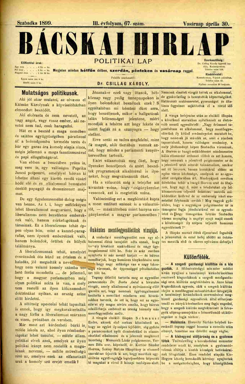 Bácskai Hirlap, 3. évf. 1899. április 30. 67. sz.