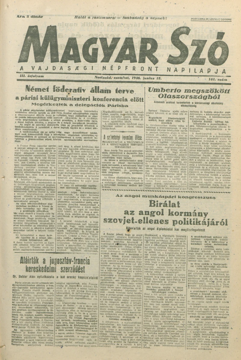 Magyar Szó, 3. évf. 1946. június 15. 141. sz. 1–8. oldal