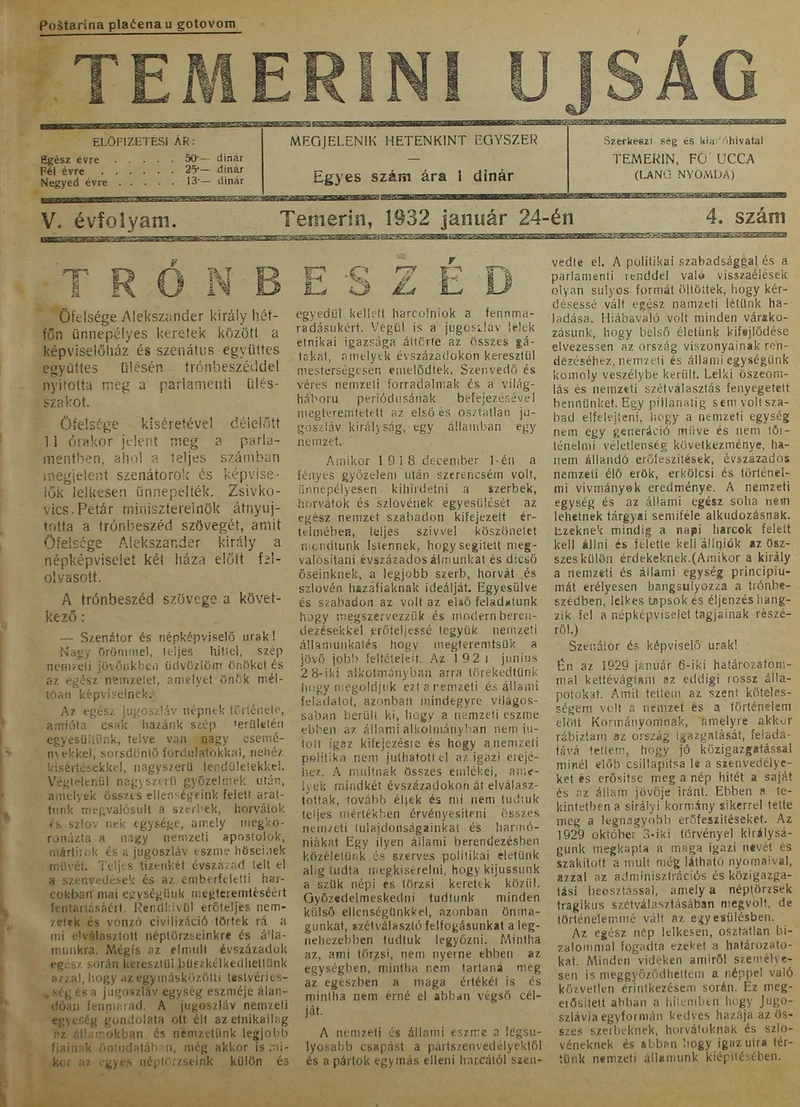 Temerini Újság 1928-1944, 5. évf. 1932. január 24. 4. sz.