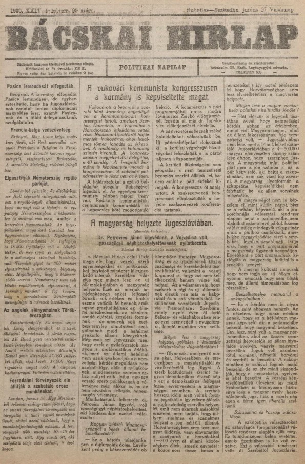 Bácskai Hirlap, 24. évf. 1920. június 27. 99. sz.