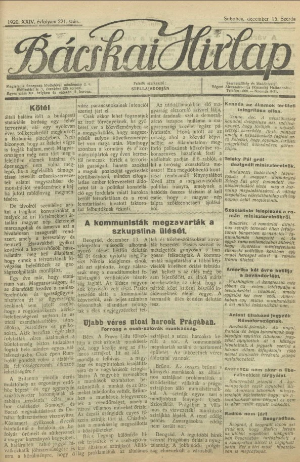 Bácskai Hirlap, 24. évf. 1920. december 15. 221. sz.