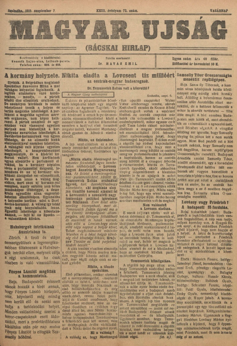 Bácskai Hirlap, 23. évf. 1919. szeptember 7. 72. sz.
