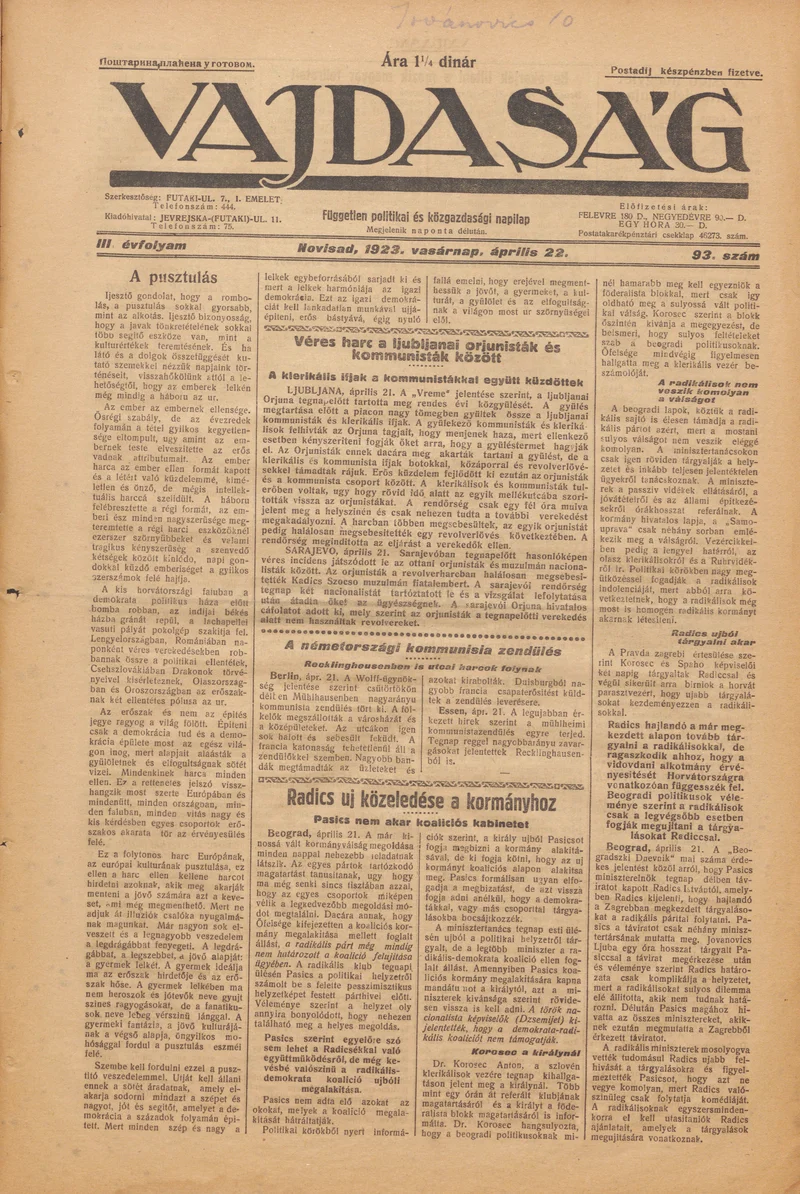 Vajdaság, 3. évf. 1923. április 22. 93. sz.