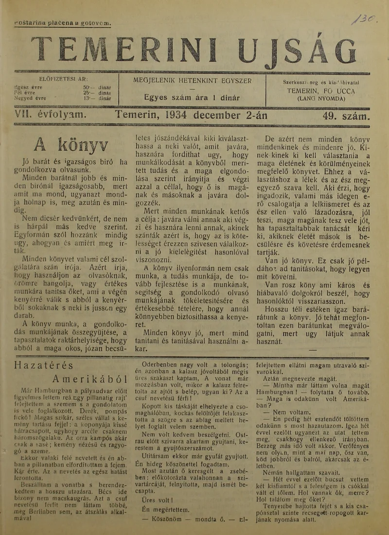 Temerini Újság 1928-1944, 7. évf. 1934. december 2. 49. sz.
