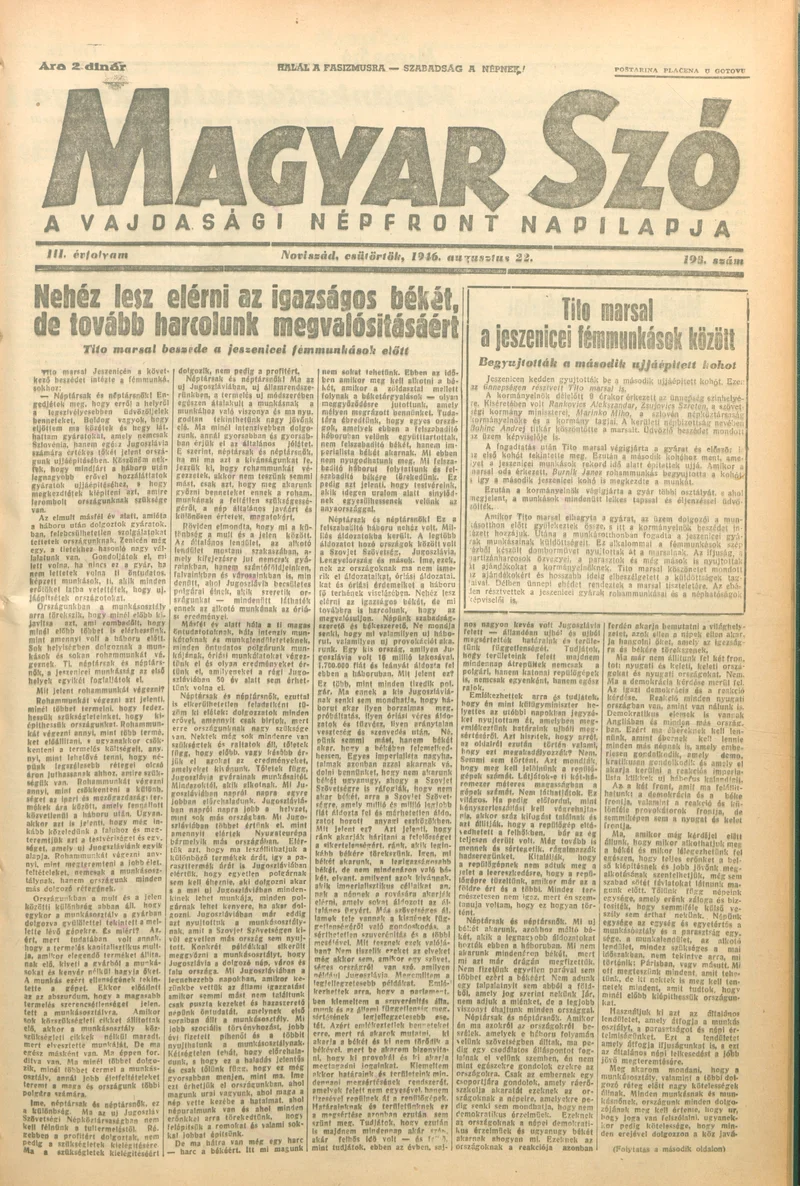 Magyar Szó, 3. évf. 1946. augusztus 22. 198. sz. 1–6. oldal