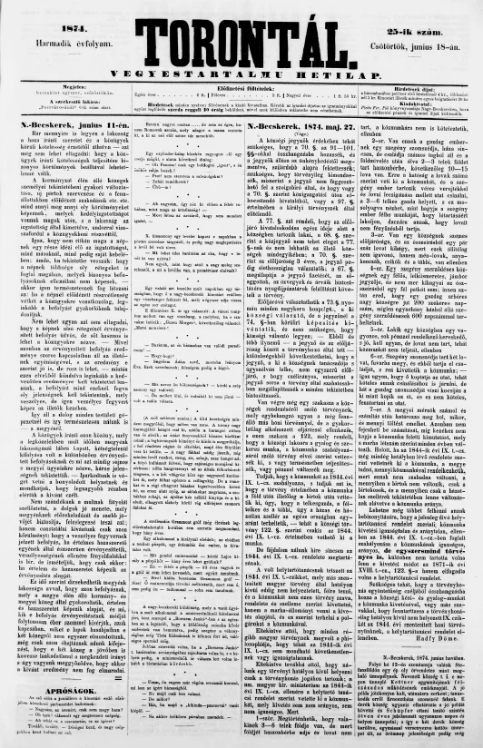 Torontál, 3. évf. 1874. június 18. 25. sz.