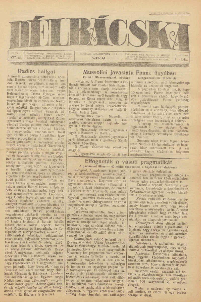 Délbácska, 4. évf. 1923. október 3. 227. sz.