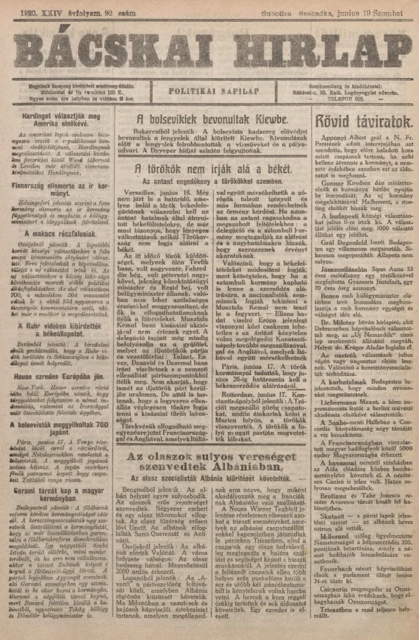 Bácskai Hirlap, 24. évf. 1920. június 19. 92. sz.