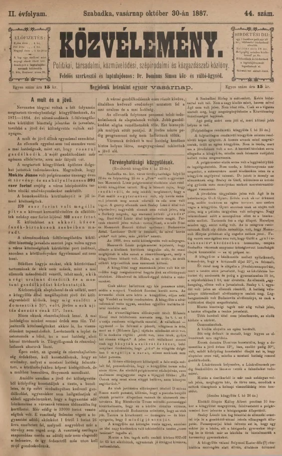 Közvélemény, 2. évf. 1887. október 30. 44. sz.