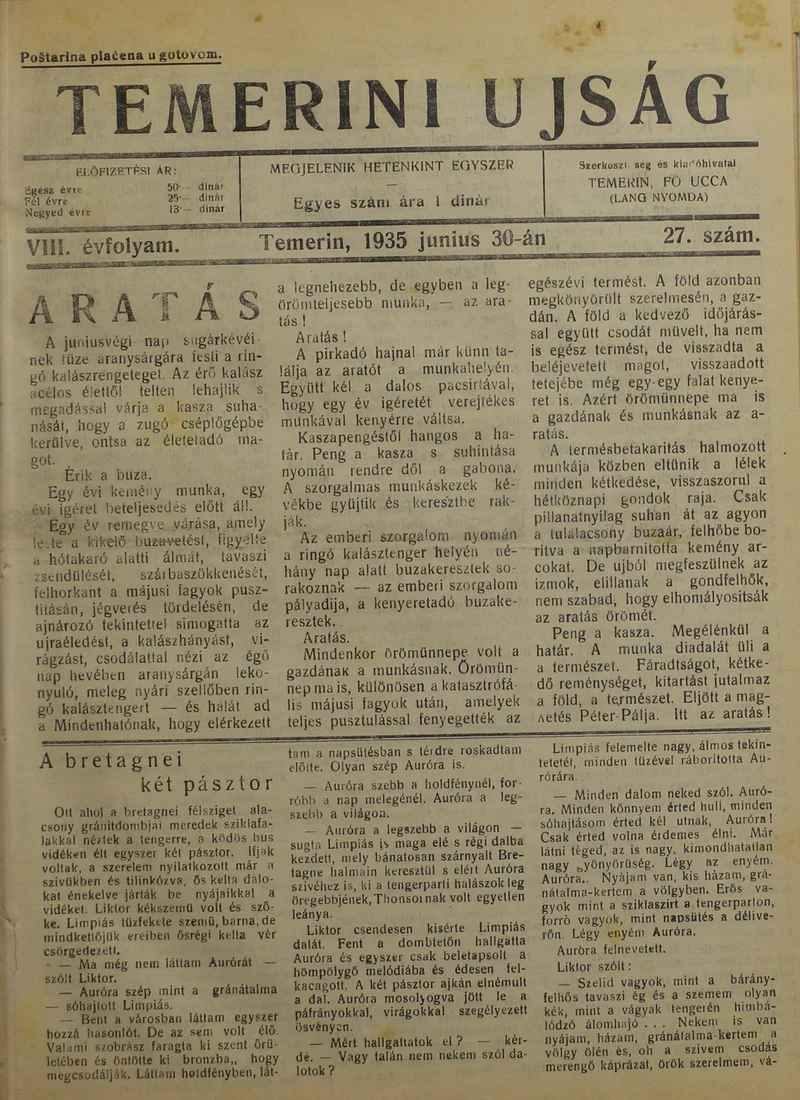 Temerini Újság 1928-1944, 8. évf. 1935. június 30. 27. sz.
