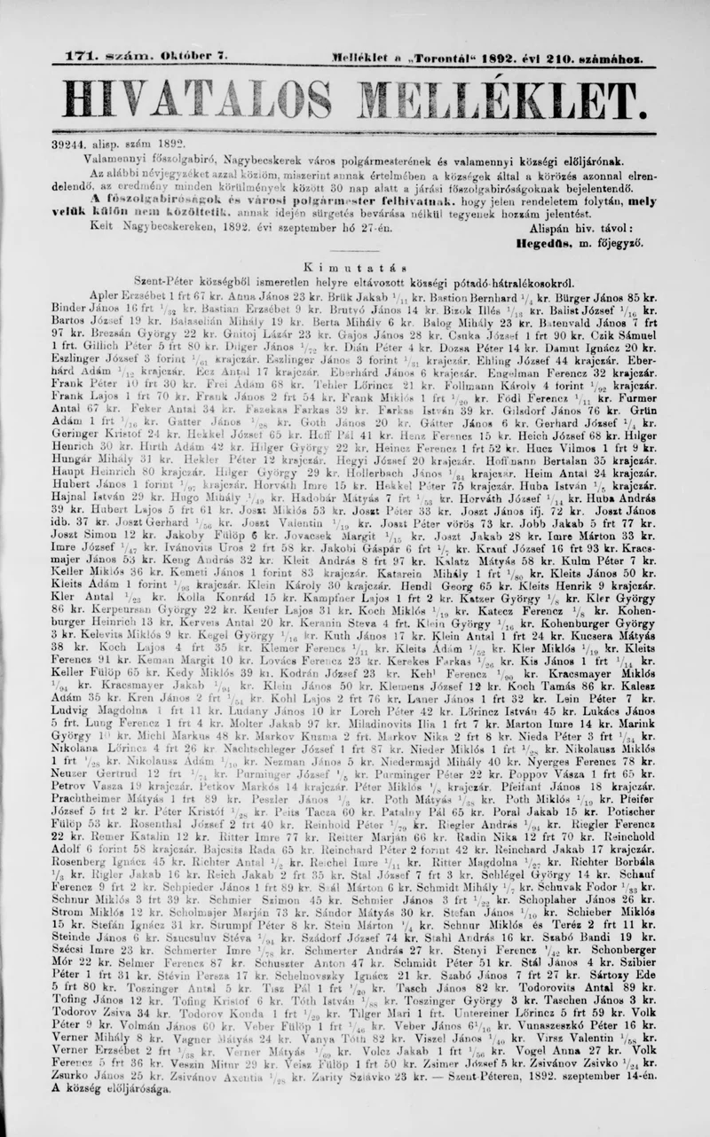 A Totontál  hivatalos melléklete, 5. évf. 1892. október 7. 171. sz.