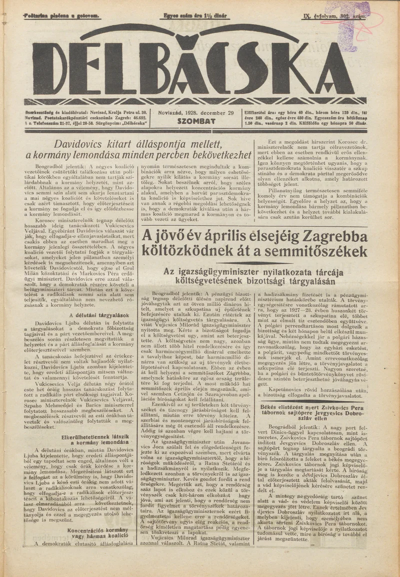 Délbácska, 9. évf. 1928. december 29. 302. sz.