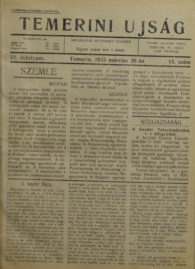 Temerini Újság 1928-1944, 6. évf. 1933. március 26. 13. sz.