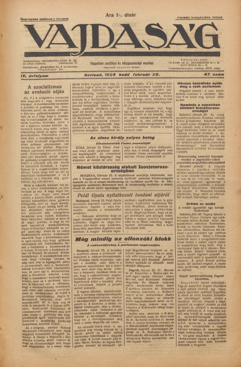 Vajdaság, 4. évf. 1924. február 26. 47. sz.