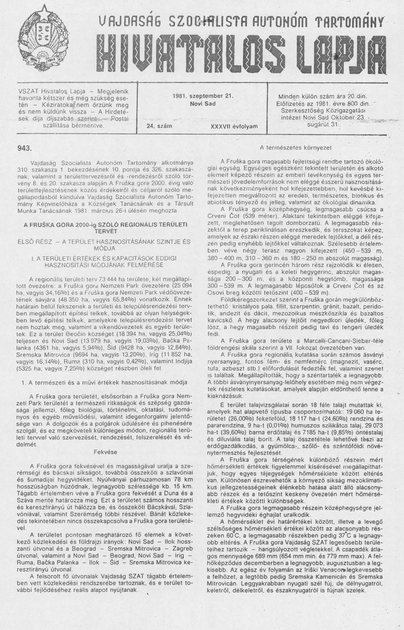 Vajdaság Szocialista Autonóm Tartomány Hivatalos Lapja, 37. évf. 1981. szeptember 21. 24. sz.