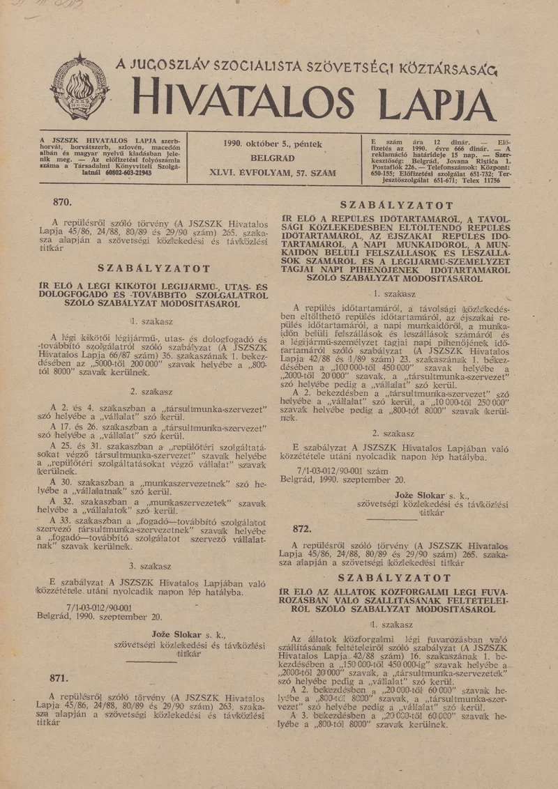 A Jugoszláv Szocialista Szövetségi Köztársaság Hivatalos Lapja, 46. évf. 1990. október 5. 57. sz. 1805–1824. oldal