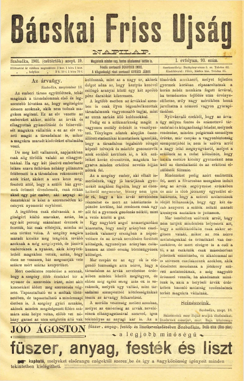 Bácskai Friss Ujság, 1. évf. 1901. szeptember 19. 93. sz.