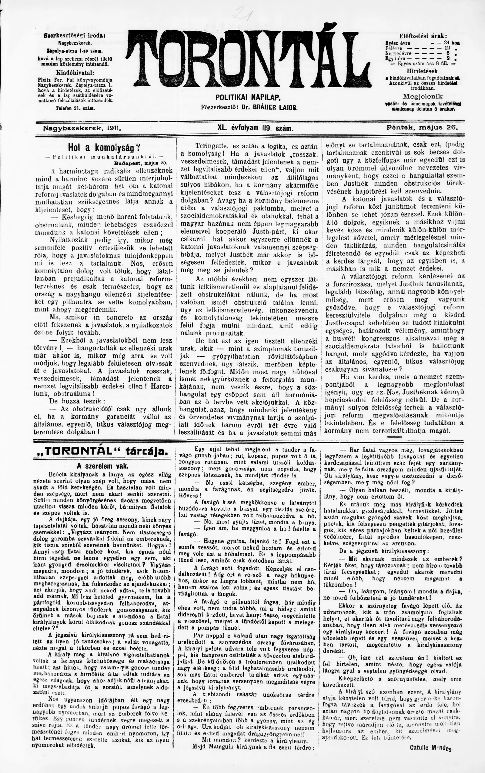 Torontál, 40. évf. 1911. május 26. 119. sz.