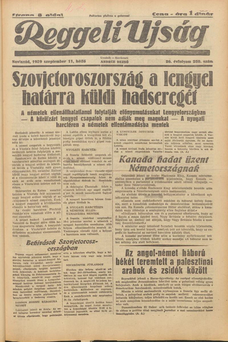 Reggeli Újság, 20. évf. 1939. szeptember 11. 250. sz.