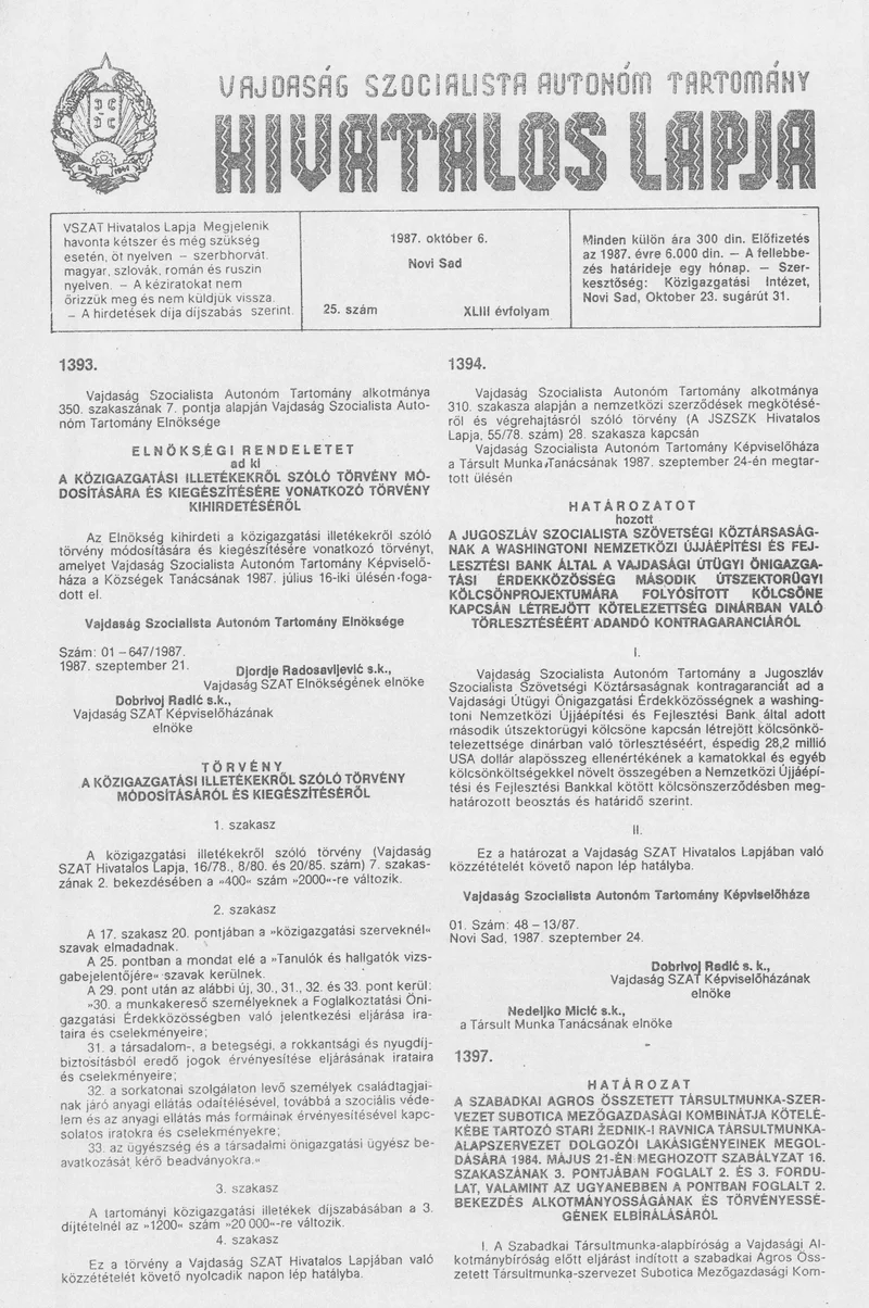 Vajdaság Szocialista Autonóm Tartomány Hivatalos Lapja, 43. évf. 1987. október 6. 25. sz.