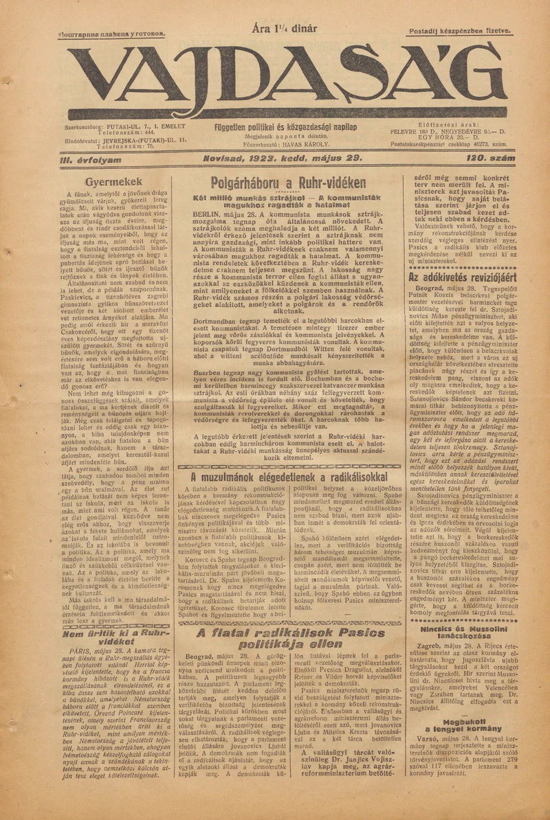 Vajdaság, 3. évf. 1923. május 29. 120. sz.