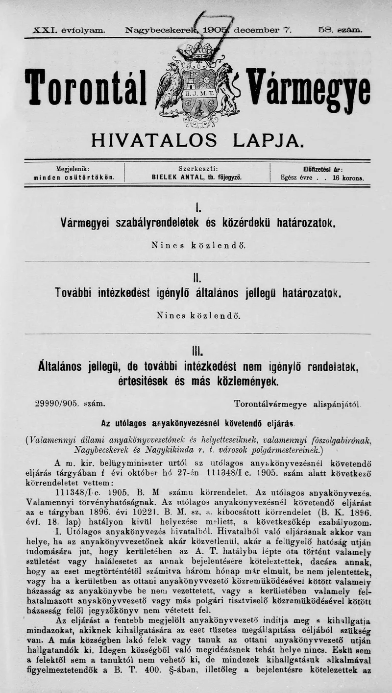 Torontál Vármegye Hivatalos Lapja, 21. évf. 1905. december 7. 58. sz.