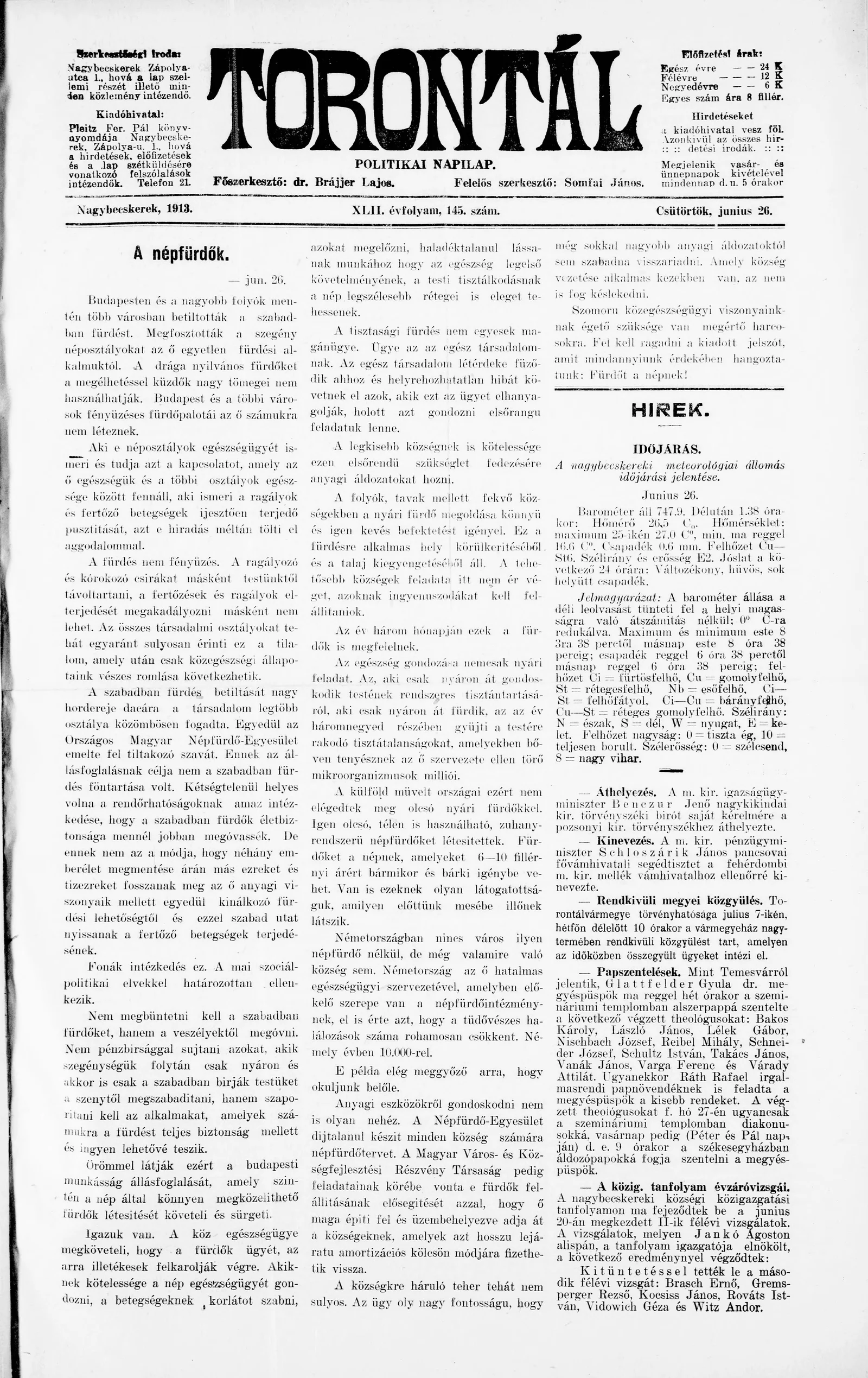 Torontál, 42. évf. 1913. június 26. 145. sz.