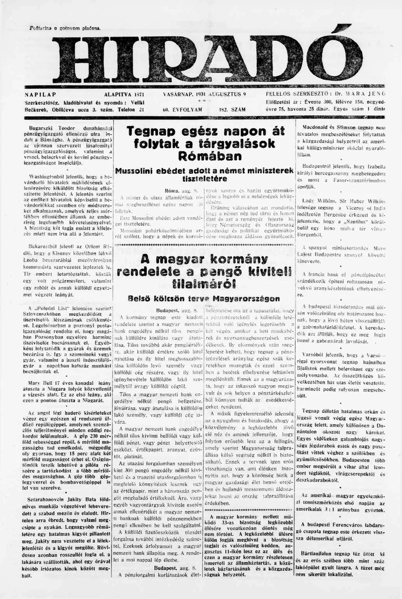 Híradó, 60. évf. 1931. augusztus 9. 182. sz.