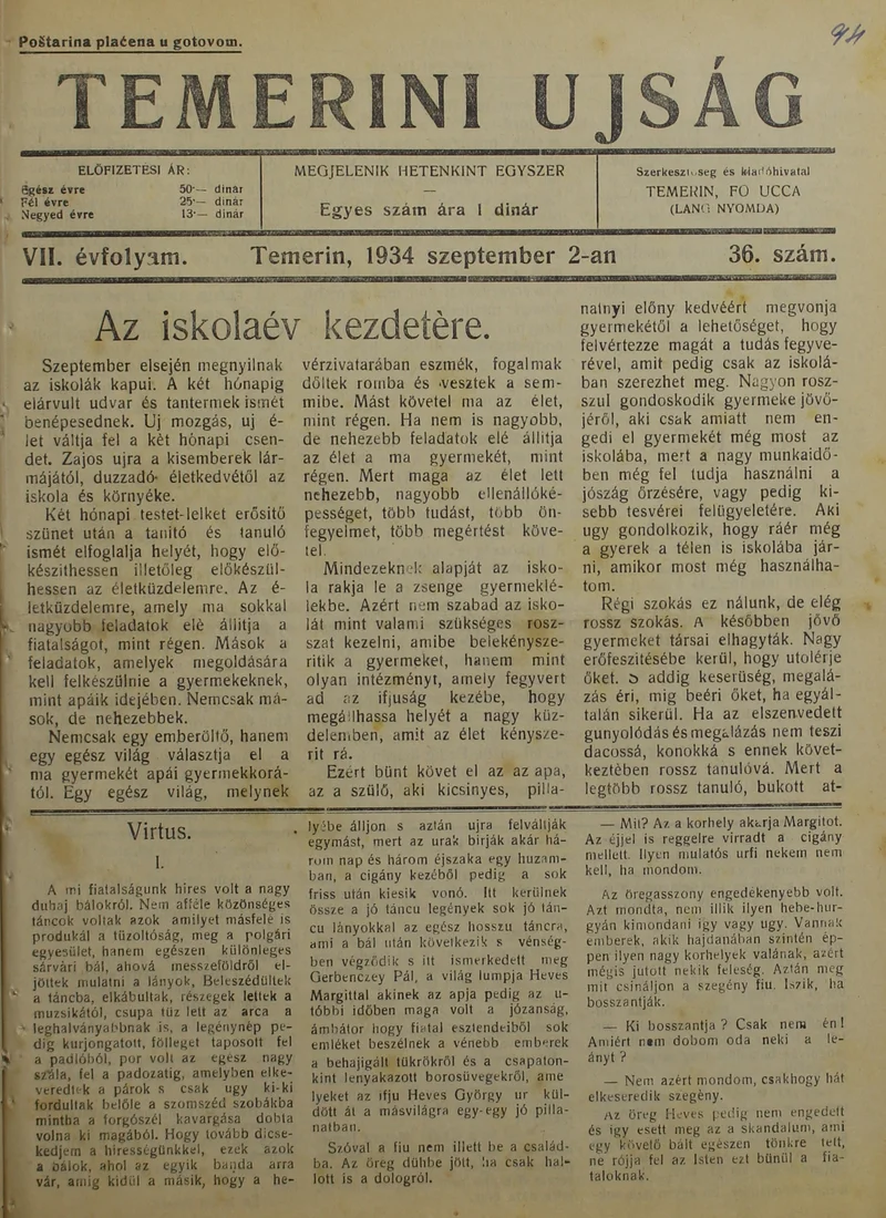 Temerini Újság 1928-1944, 7. évf. 1934. szeptember 2. 36. sz.