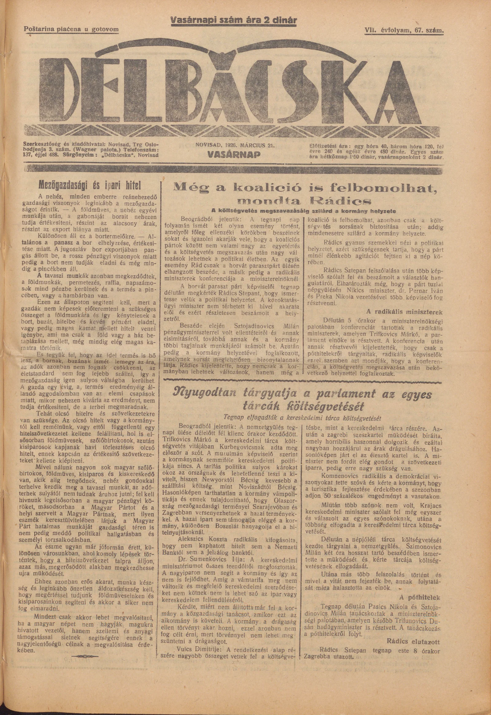 Délbácska, 7. évf. 1926. március 21. 67. sz.