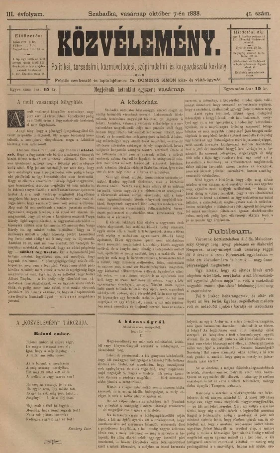 Közvélemény, 3. évf. 1888. október 7. 41. sz.