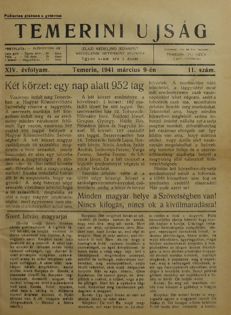 Temerini Újság 1928-1944, 14. évf. 1941. március 9. 11. sz.