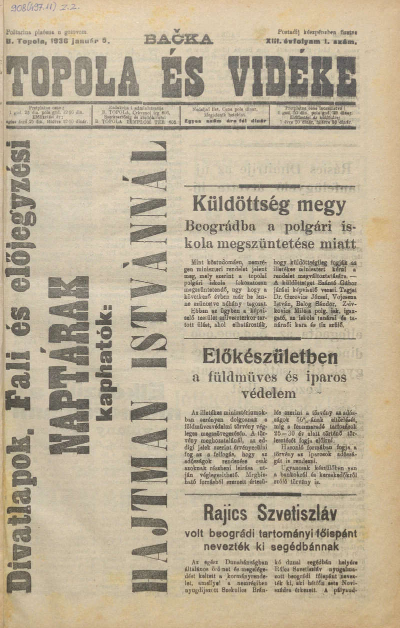Bačka Topola és Vidéke, 13. évf. 1936. január 5. 1. sz.