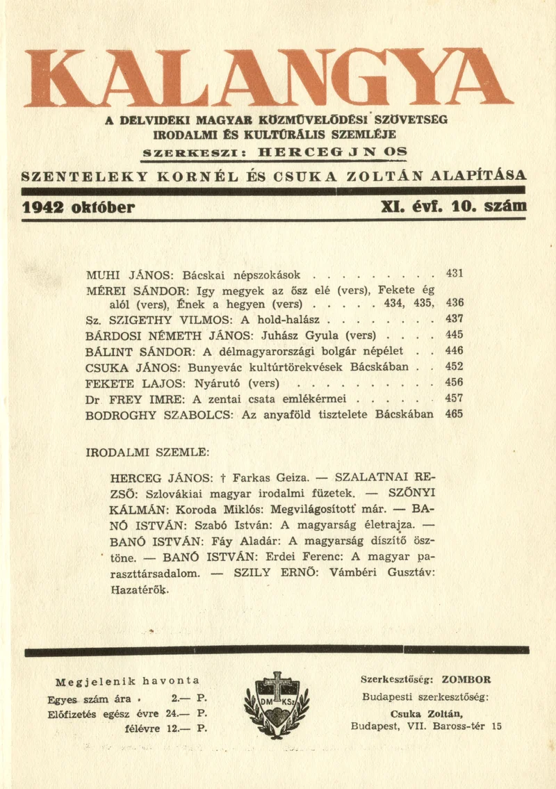 Kalangya, 11. évf. 1942. október. 10. sz. 431–478. oldal