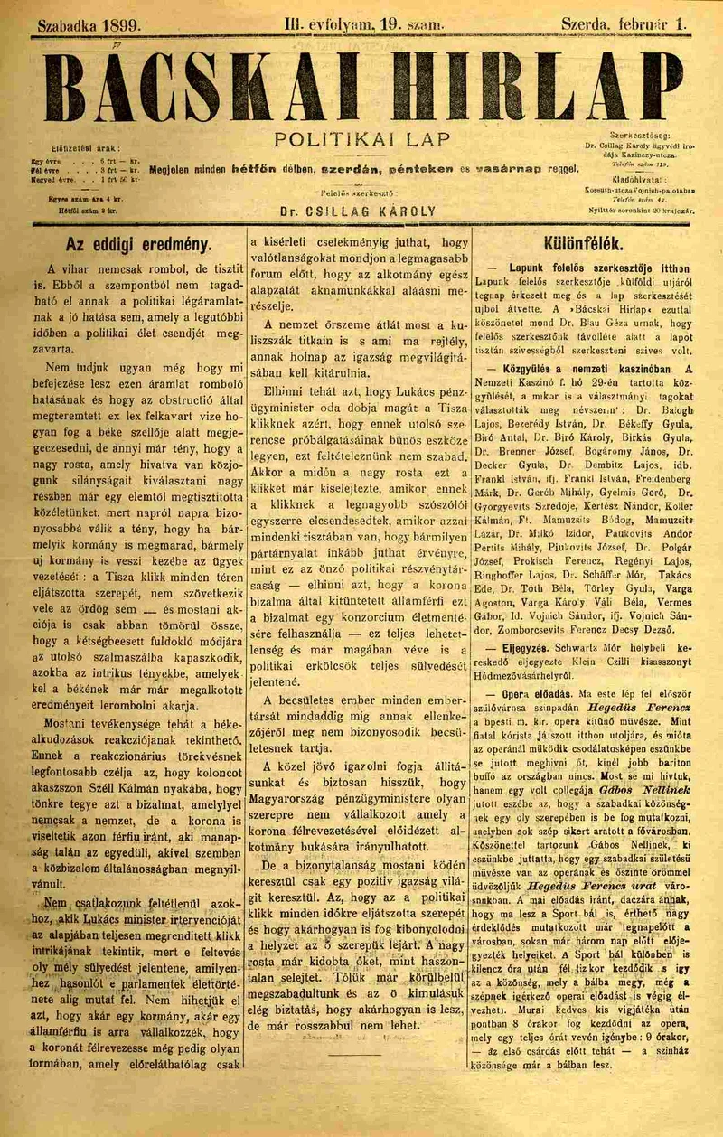 Bácskai Hirlap, 3. évf. 1899. február 1. 19. sz.