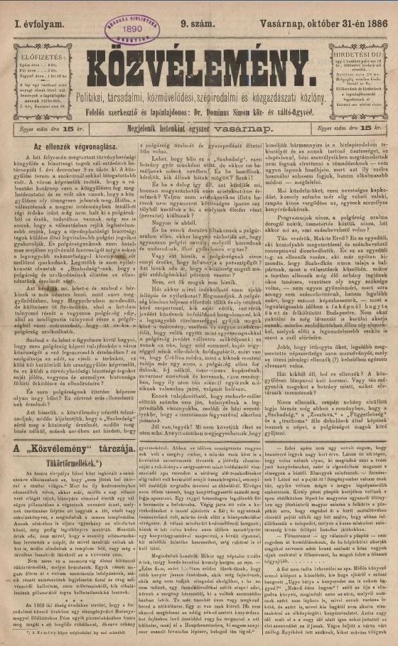 Közvélemény, 1. évf. 1886. október 31. 9. sz.