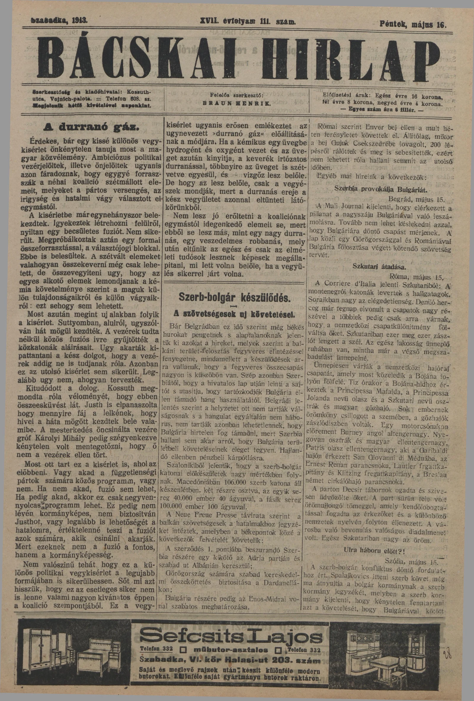 Bácskai Hirlap, 17. évf. 1913. május 16. 111. sz.