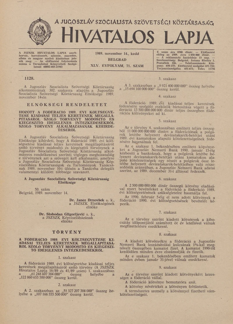 A Jugoszláv Szocialista Szövetségi Köztársaság Hivatalos Lapja, 45. évf. 1989. november 14. 71. sz. 1753–1756. oldal