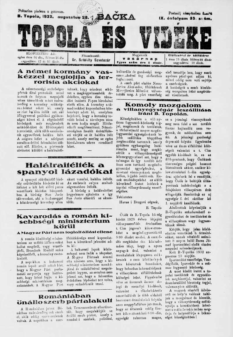 Bačka Topola és Vidéke, 9. évf. 1932. augusztus 28. 35. sz.