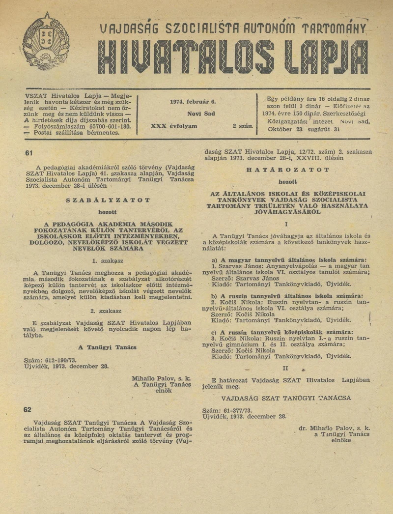 Vajdaság Szocialista Autonóm Tartomány Hivatalos Lapja, 30. évf. 1974. február 6. 2. sz. 37–40. oldal