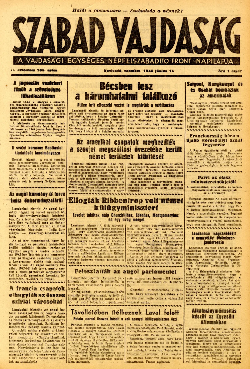 Szabad Vajdaság, 2. évf. 1945. június 16. 135. sz.