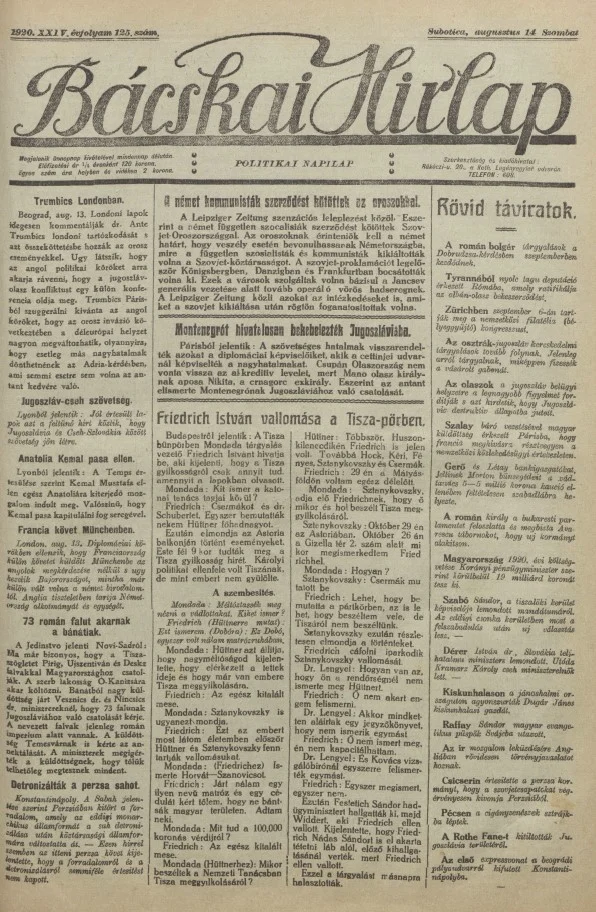 Bácskai Hirlap, 24. évf. 1920. augusztus 14. 125. sz.