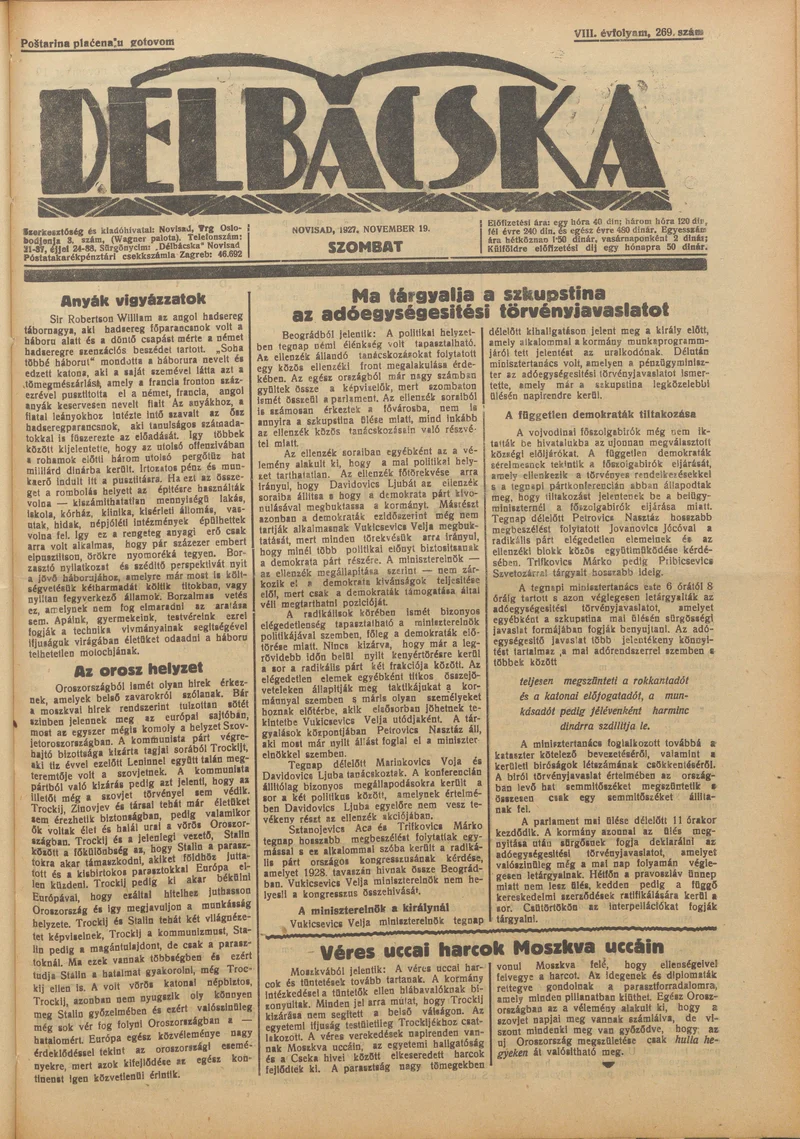 Délbácska, 8. évf. 1927. november 19. 269. sz.