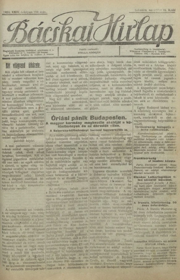 Bácskai Hirlap, 24. évf. 1920. november 16. 199. sz.