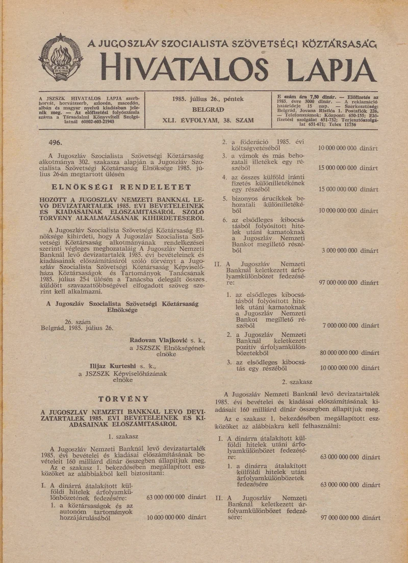A Jugoszláv Szocialista Szövetségi Köztársaság Hivatalos Lapja, 41. évf. 1985. július 26. 38. sz. 1125–1128. oldal