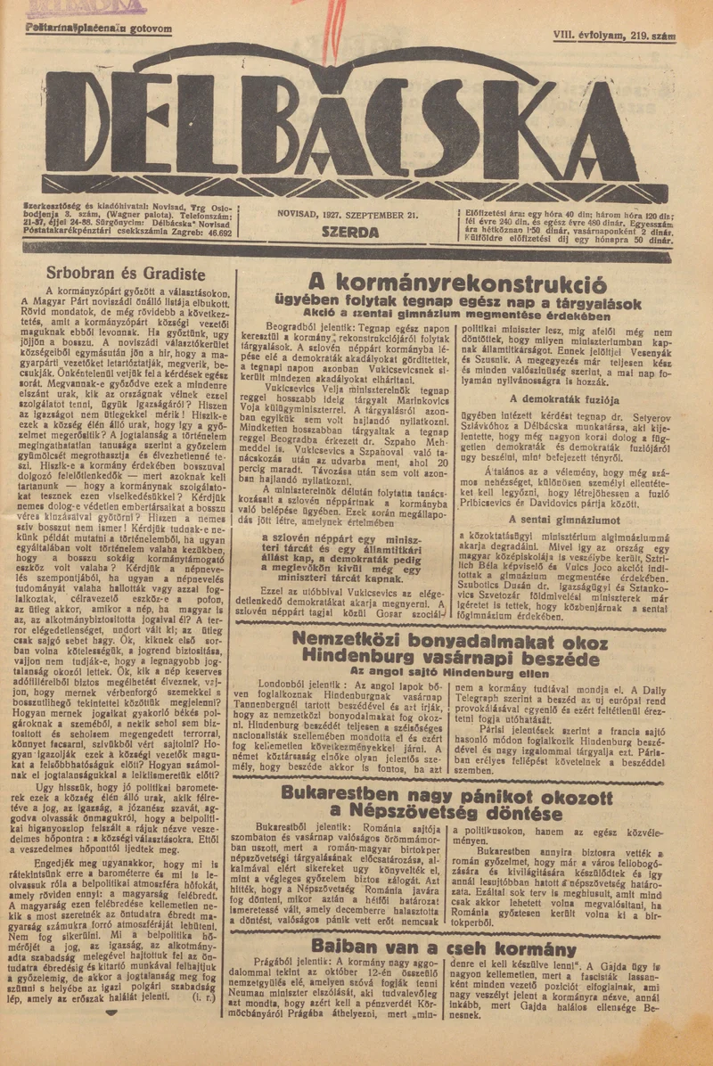 Délbácska, 8. évf. 1927. szeptember 21. 219. sz.