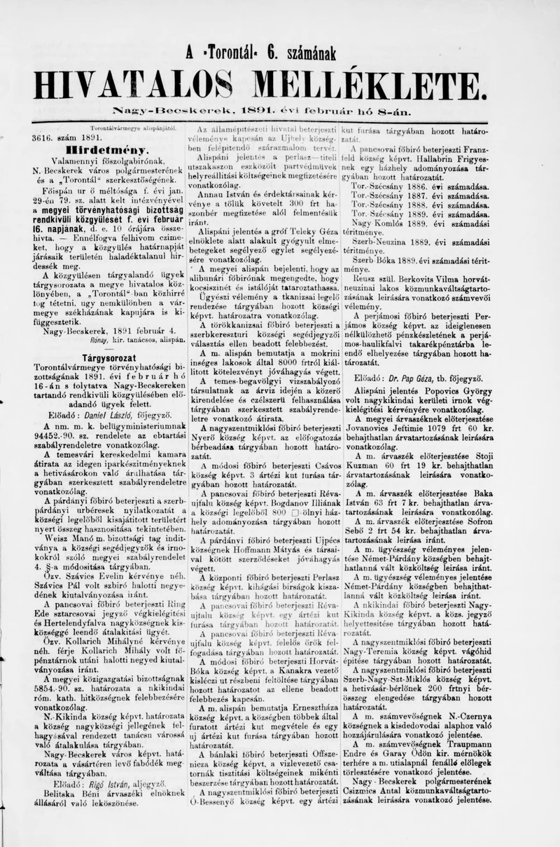 A Totontál  hivatalos melléklete, 4. évf. 1891. február 8. 6. sz.